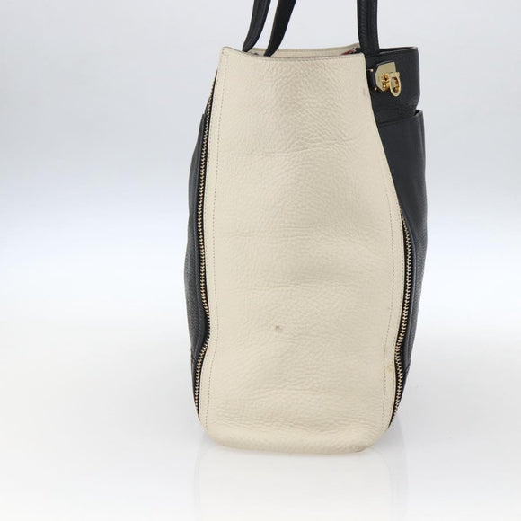 Salvatore Ferragamo Tote Bag Leather White Black Auth bs32829