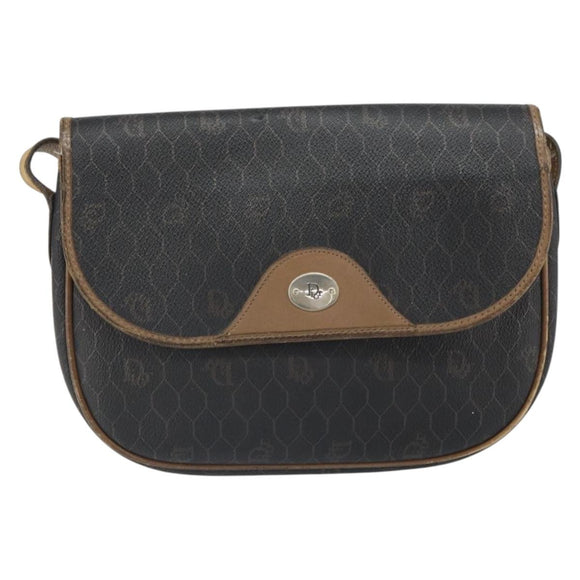 Christian Dior Honeycomb Canvas Shoulder Bag PVC Black Gold Auth bs32839