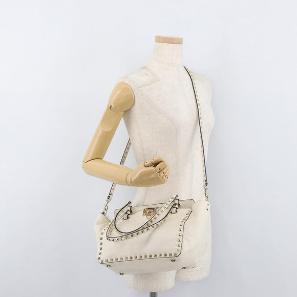 VALENTINO Hand Bag Leather 2way White Gold Auth bs32858