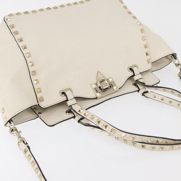 VALENTINO Hand Bag Leather 2way White Gold Auth bs32858