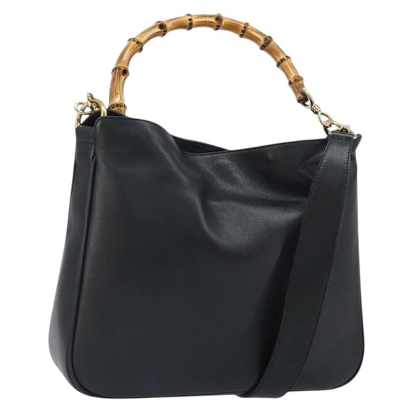 GUCCI Bamboo Hand Bag Leather 2way Black Gold 001 1998 1638 Auth bs32867