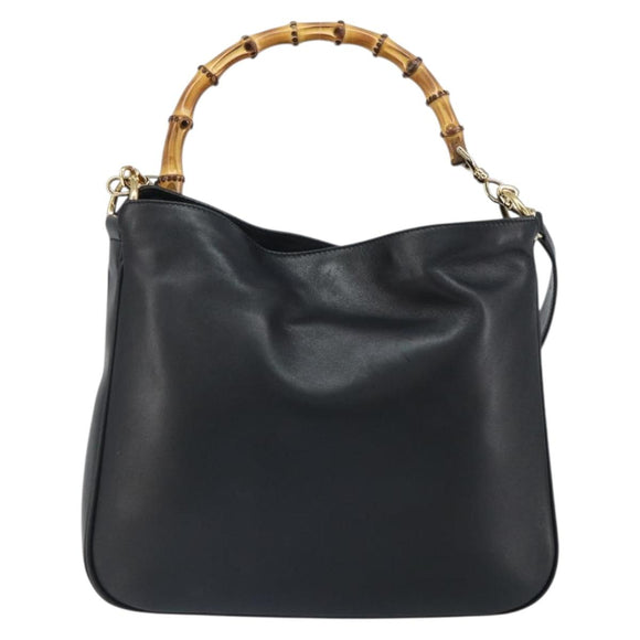 GUCCI Bamboo Hand Bag Leather 2way Black Gold 001 1998 1638 Auth bs32867