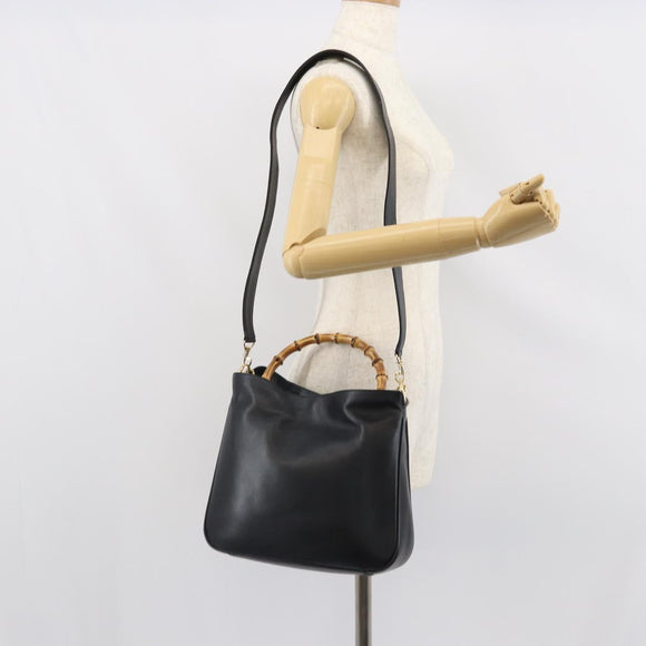 GUCCI Bamboo Hand Bag Leather 2way Black Gold 001 1998 1638 Auth bs32867