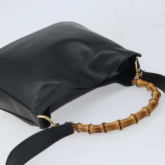 GUCCI Bamboo Hand Bag Leather 2way Black Gold 001 1998 1638 Auth bs32867