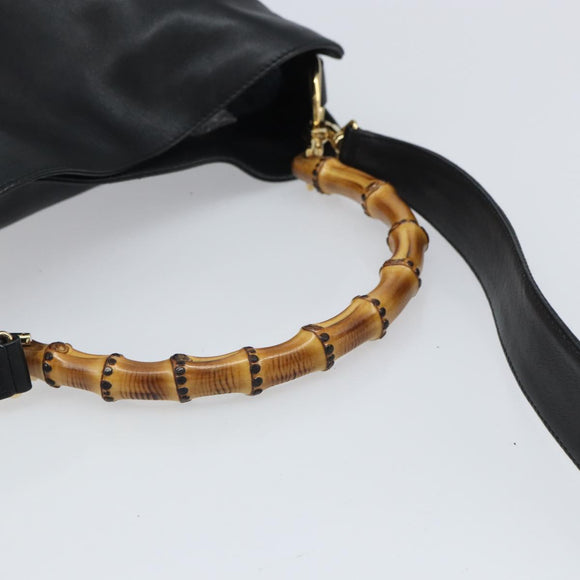 GUCCI Bamboo Hand Bag Leather 2way Black Gold 001 1998 1638 Auth bs32867