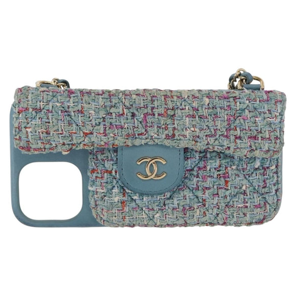 CHANEL iPhone Case Tweed Light Blue CC Auth bs32870