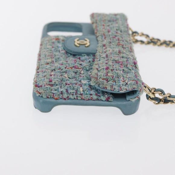 CHANEL iPhone Case Tweed Light Blue CC Auth bs32870