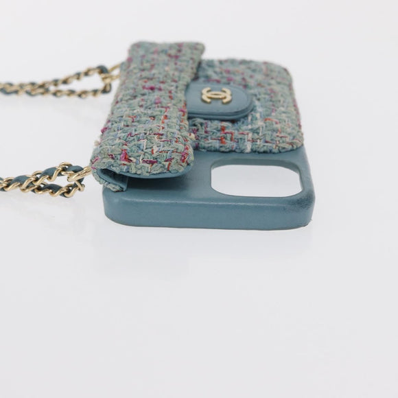 CHANEL iPhone Case Tweed Light Blue CC Auth bs32870