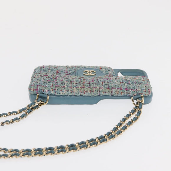 CHANEL iPhone Case Tweed Light Blue CC Auth bs32870