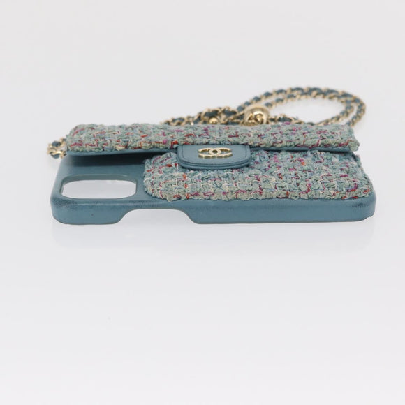 CHANEL iPhone Case Tweed Light Blue CC Auth bs32870