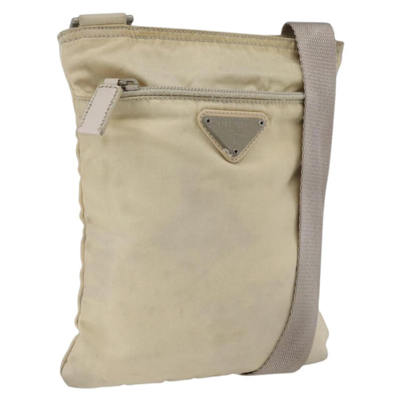 PRADA Shoulder Bag Nylon Beige Silver Auth bs32871