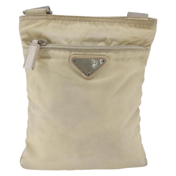 PRADA Shoulder Bag Nylon Beige Silver Auth bs32871