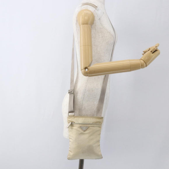 PRADA Shoulder Bag Nylon Beige Silver Auth bs32871