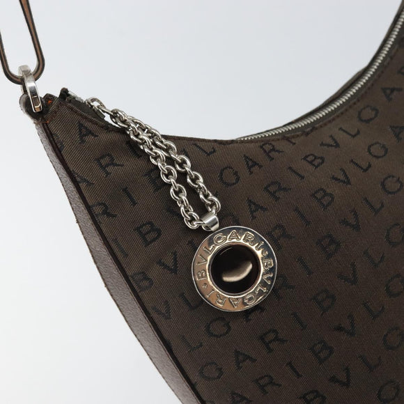 BVLGARI Shoulder Bag Canvas Brown Silver Auth bs32878