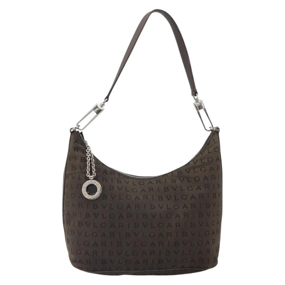 BVLGARI Shoulder Bag Canvas Brown Silver Auth bs32878