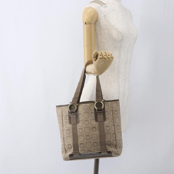 Salvatore Ferragamo Tote Bag Canvas Beige Gold Auth bs32887