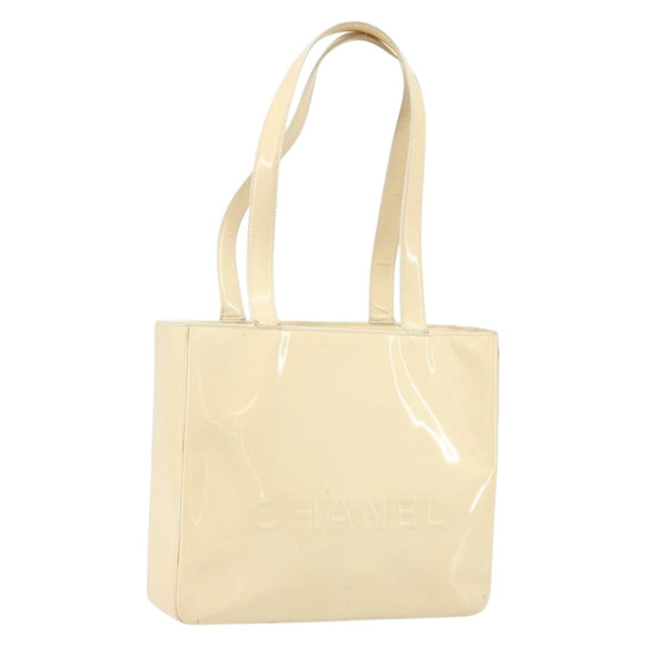 CHANEL Tote Bag Patent leather Beige Gold CC Auth bs32903