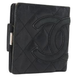 CHANEL Cambon Line Wallet Leather Black Silver CC Auth bs32911
