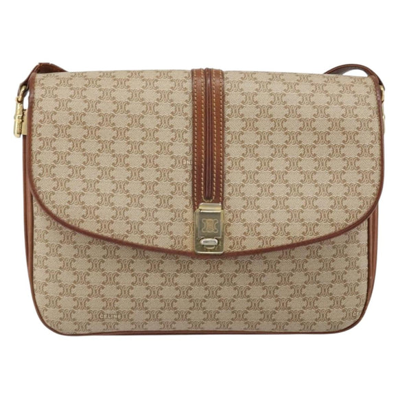 CELINE Macadam Canvas Shoulder Bag PVC Beige Gold Auth bs32974