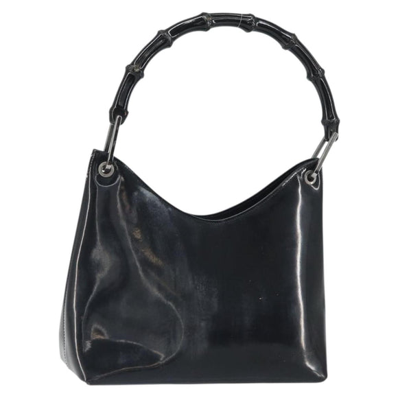 GUCCI Bamboo Hand Bag Patent leather Silver Black 001 1998 3008 Auth bs32983