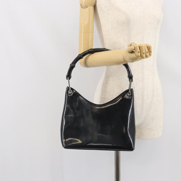 GUCCI Bamboo Hand Bag Patent leather Silver Black 001 1998 3008 Auth bs32983