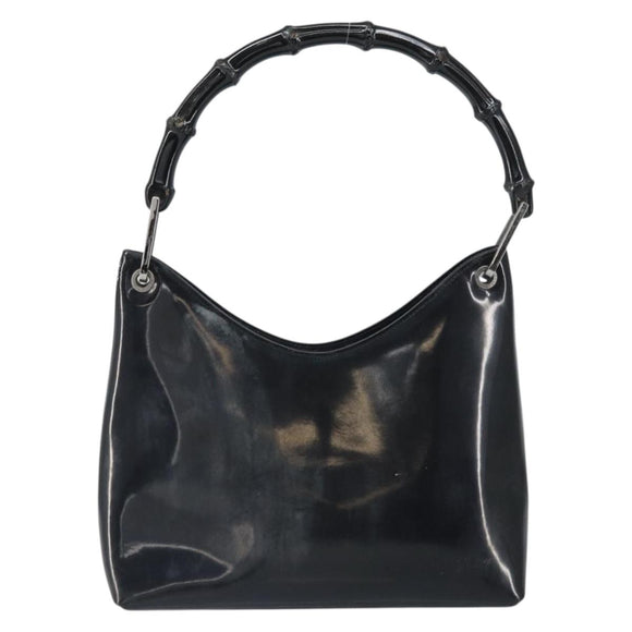 GUCCI Bamboo Hand Bag Patent leather Silver Black 001 1998 3008 Auth bs32983