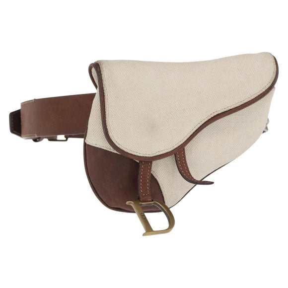 Christian Dior Saddle Waist bag Canvas Leather White Auth bs32984