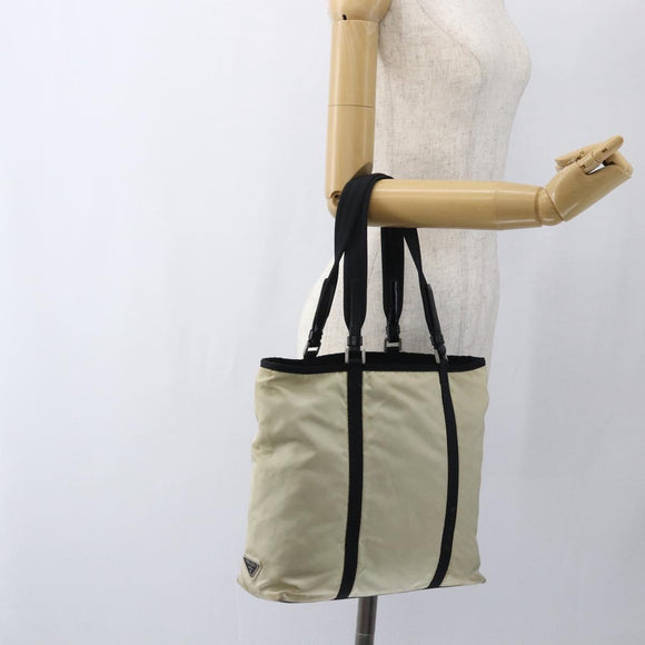 PRADA Tote Bag Nylon Cream Silver Auth bs33042