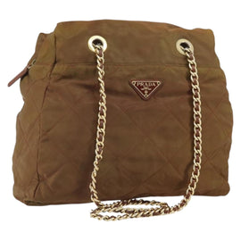 PRADA Chain Shoulder Bag Nylon Brown Gold Auth bs33044