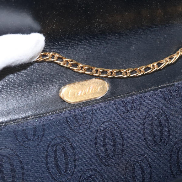 CARTIER Chain Shoulder Bag Leather Navy Gold Auth bs33045