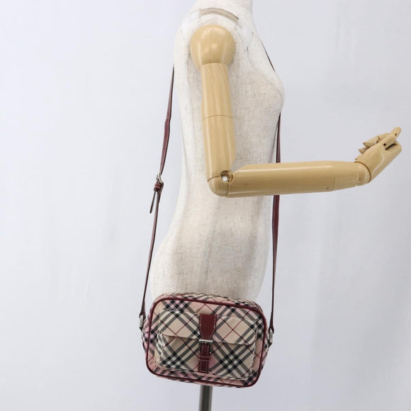BURBERRY Nova Check Blue Label Shoulder Bag Nylon Beige Silver Auth bs33073