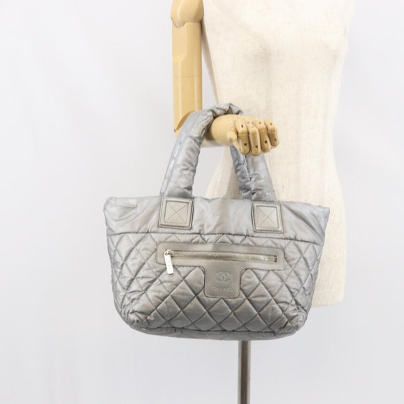 CHANEL Cococoon Tote Bag Coated Canvas Silver CC Auth bs33124