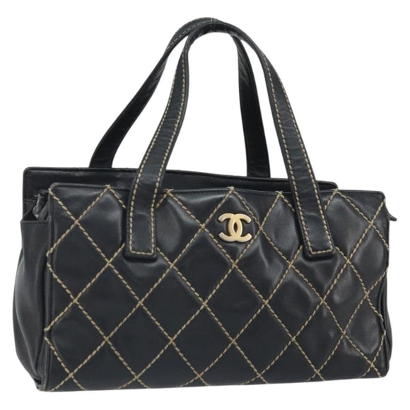 CHANEL Hand Bag Leather Black Gold CC Auth bs33126