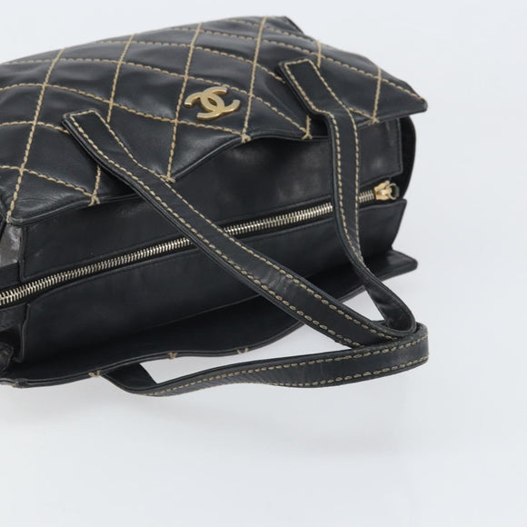 CHANEL Hand Bag Leather Black Gold CC Auth bs33126