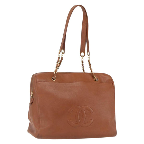 CHANEL Tote Bag Caviar Skin Brown Gold CC Auth bs33137