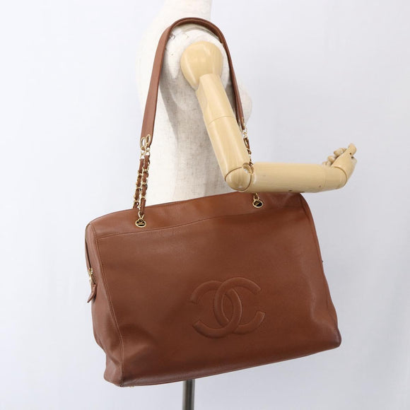 CHANEL Tote Bag Kaviaarleer Bruin Goud CC Auth bs33137
