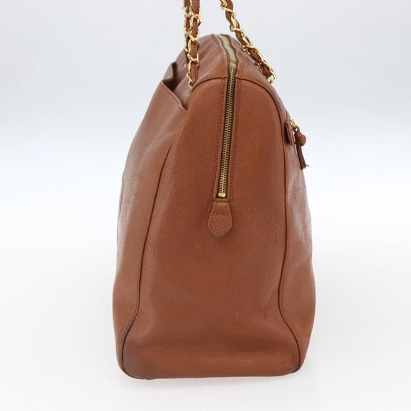CHANEL Tote Bag Caviar Skin Brown Gold CC Auth bs33137