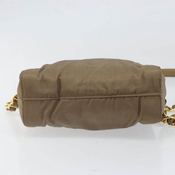 PRADA Chain Shoulder Bag Nylon Brown Gold Auth bs33167