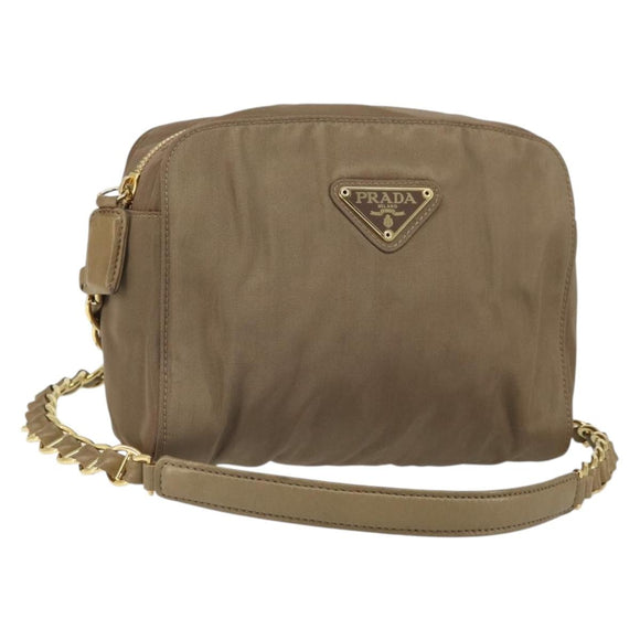 PRADA Chain Shoulder Bag Nylon Brown Gold Auth bs33167