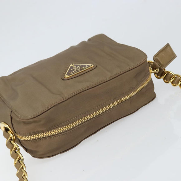 PRADA Chain Shoulder Bag Nylon Brown Gold Auth bs33167