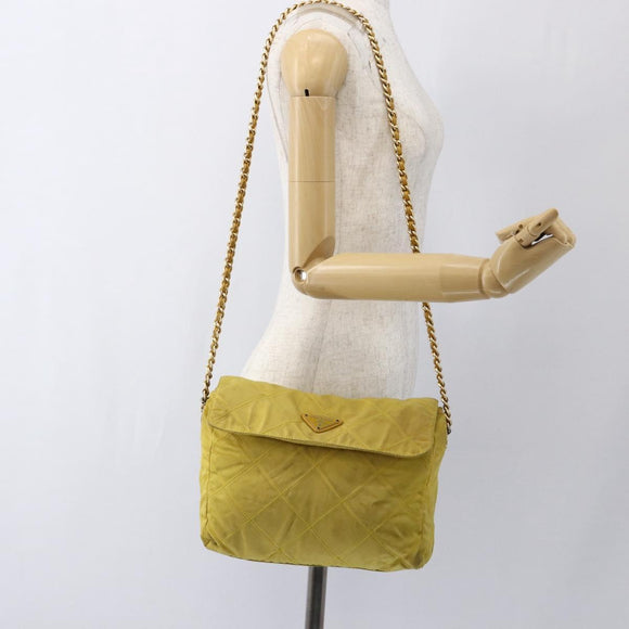 PRADA Chain Shoulder Bag Nylon Yellow Gold Auth bs33172