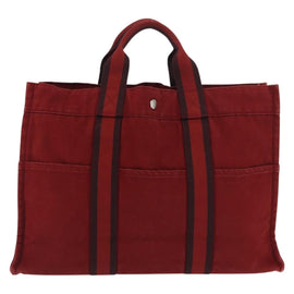 HERMES Deauville Hand Bag Canvas Red Silver Auth bs33188 - 0