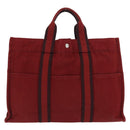 HERMES Deauville Hand Bag Canvas Red Silver Auth bs33188-3