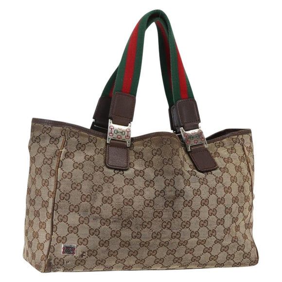 GUCCI GG Canvas Web Sherry Line Tote Bag Beige Silver Red 145758 Auth bs33193