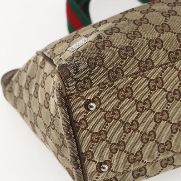 GUCCI GG Canvas Web Sherry Line Tote Bag Beige Silver Red 145758 Auth bs33193