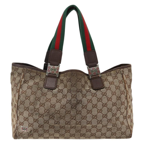 GUCCI GG Canvas Web Sherry Line Tote Bag Beige Silver Red 145758 Auth bs33193