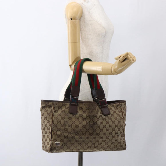 GUCCI GG Canvas Web Sherry Line Tote Bag Beige Silver Red 145758 Auth bs33193