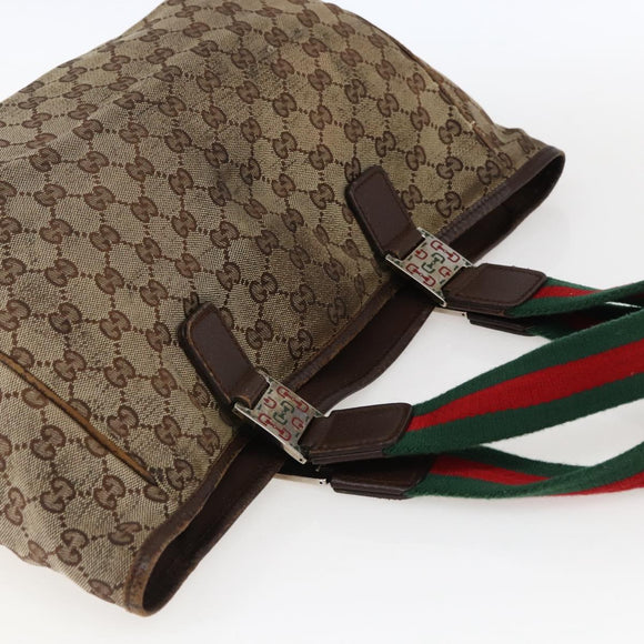 GUCCI GG Canvas Web Sherry Line Tote Bag Beige Silver Red 145758 Auth bs33193