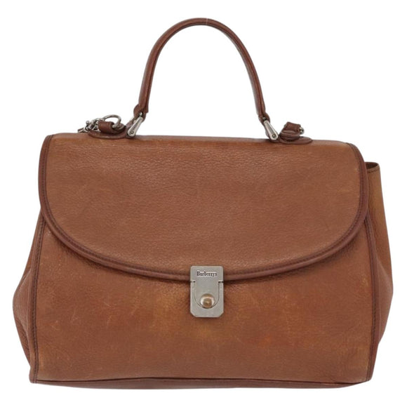 Burberrys Nova Check Hand Bag Leather 2way Brown Gold Auth bs33202