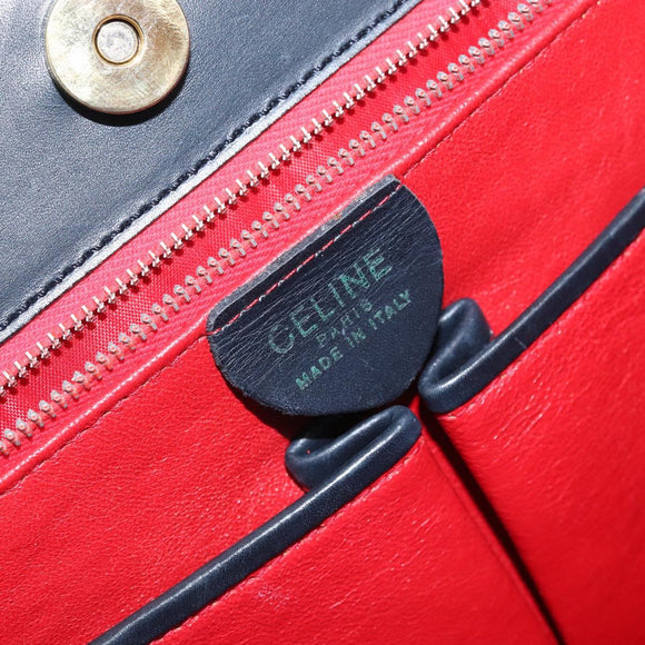 CELINE Chain Shoulder Bag Leather Navy Gold Auth bs33205